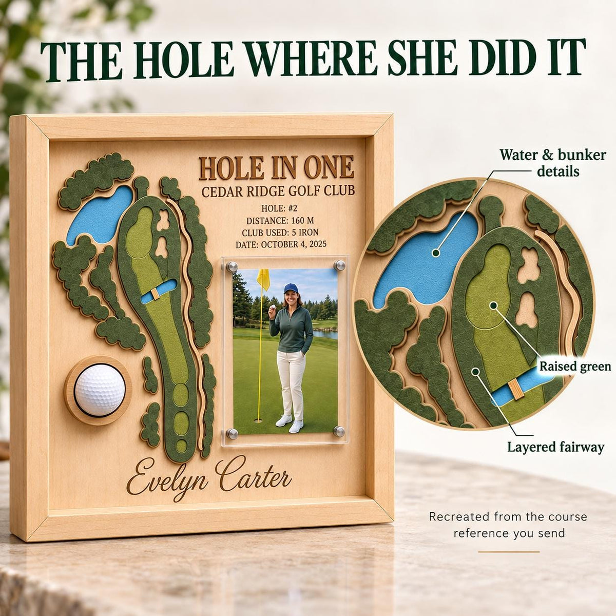 Hole in One Golf Ball Display – Personalized 3D Golf Course Map Shadow Box