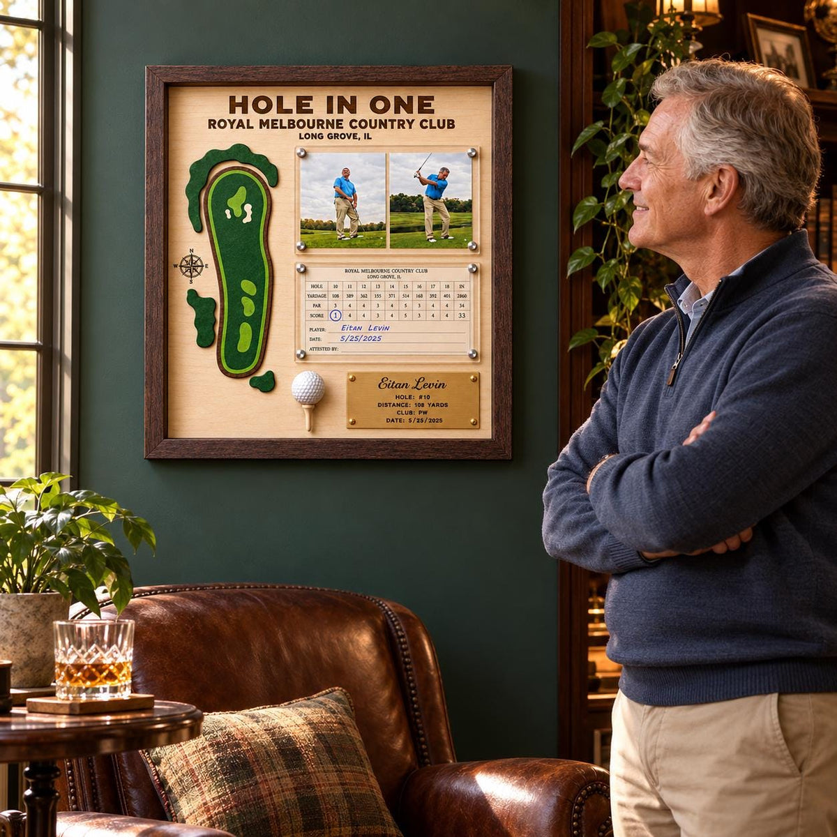 Golf scorecard frame with photo – displayed in a home office