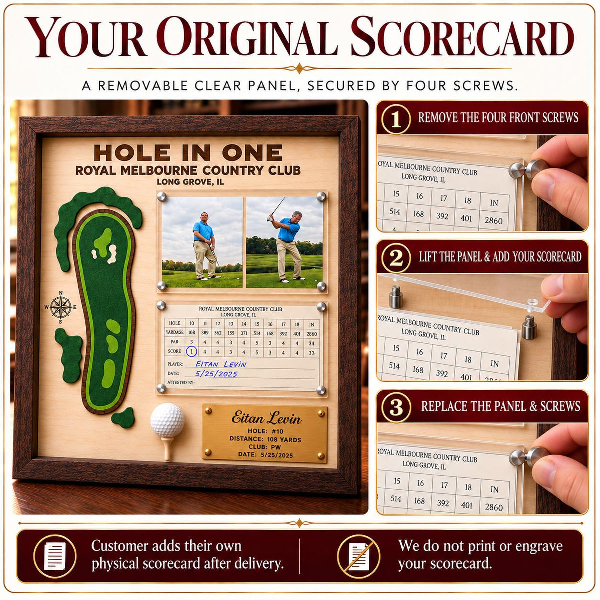 Golf scorecard frame with photo – how the clear scorecard panel opens