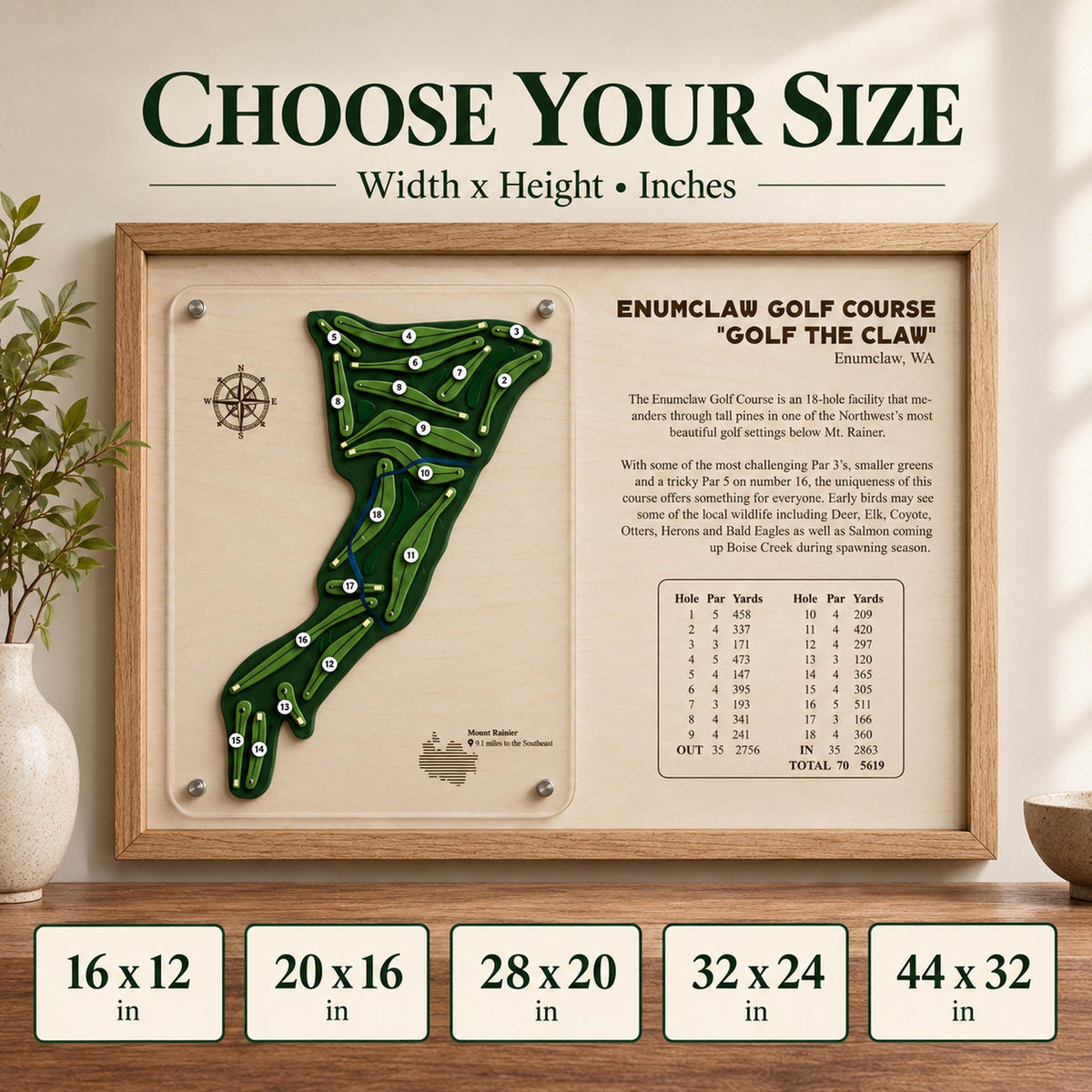 Corporate golf gift course map – size chart from 16 x 12 to 44 x 32 in