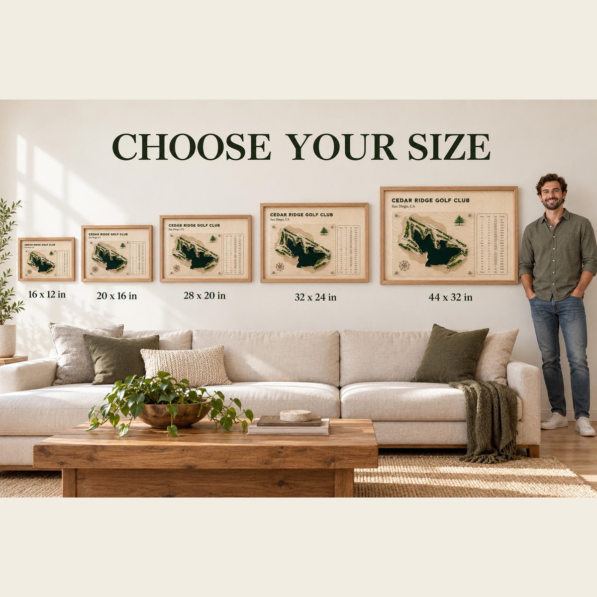 Golf retirement gift course map – size options on a living room wall