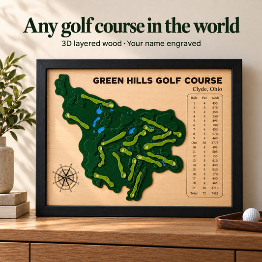 Personalized home golf course map – 3D wooden course map with scorecard
