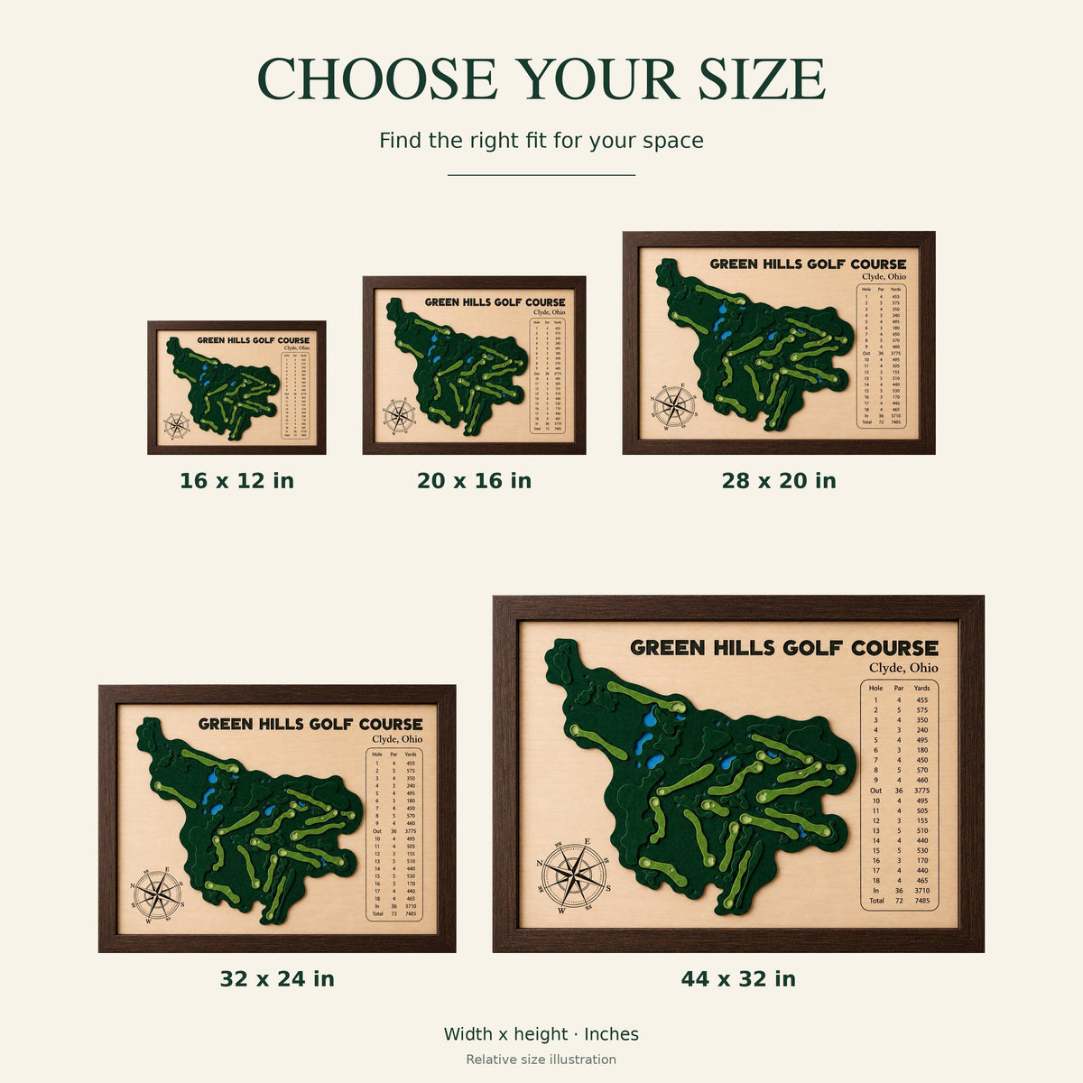Personalized home golf course map – size comparison
