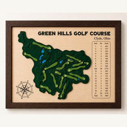 Personalized home golf course map – compass rose and engraved course name