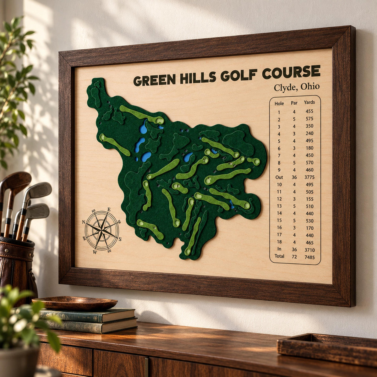 Personalized home golf course map – side view of the layered wood