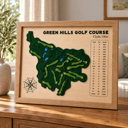 Personalized home golf course map – natural frame on a shelf