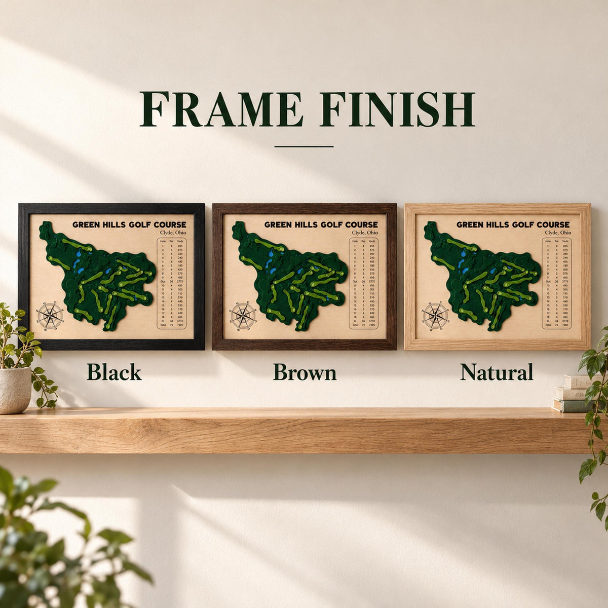 Personalized home golf course map – frame finish options