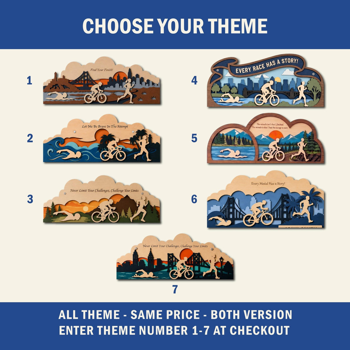 Triathlon medal holder and race bib display – seven theme options