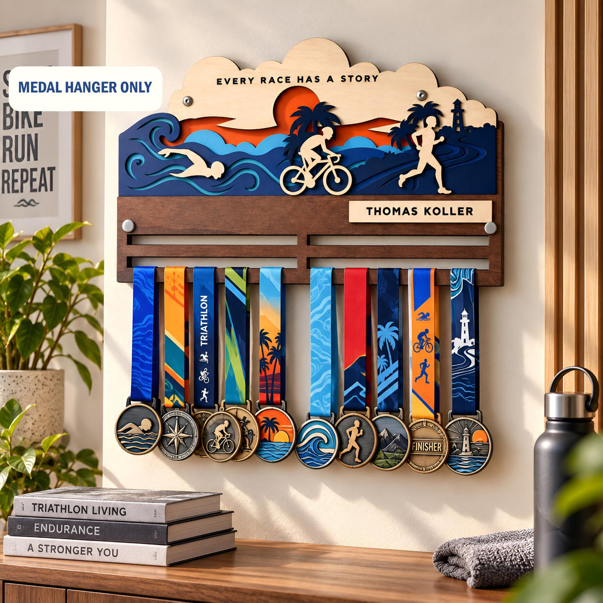 Triathlon medal holder and race bib display – medal-only version