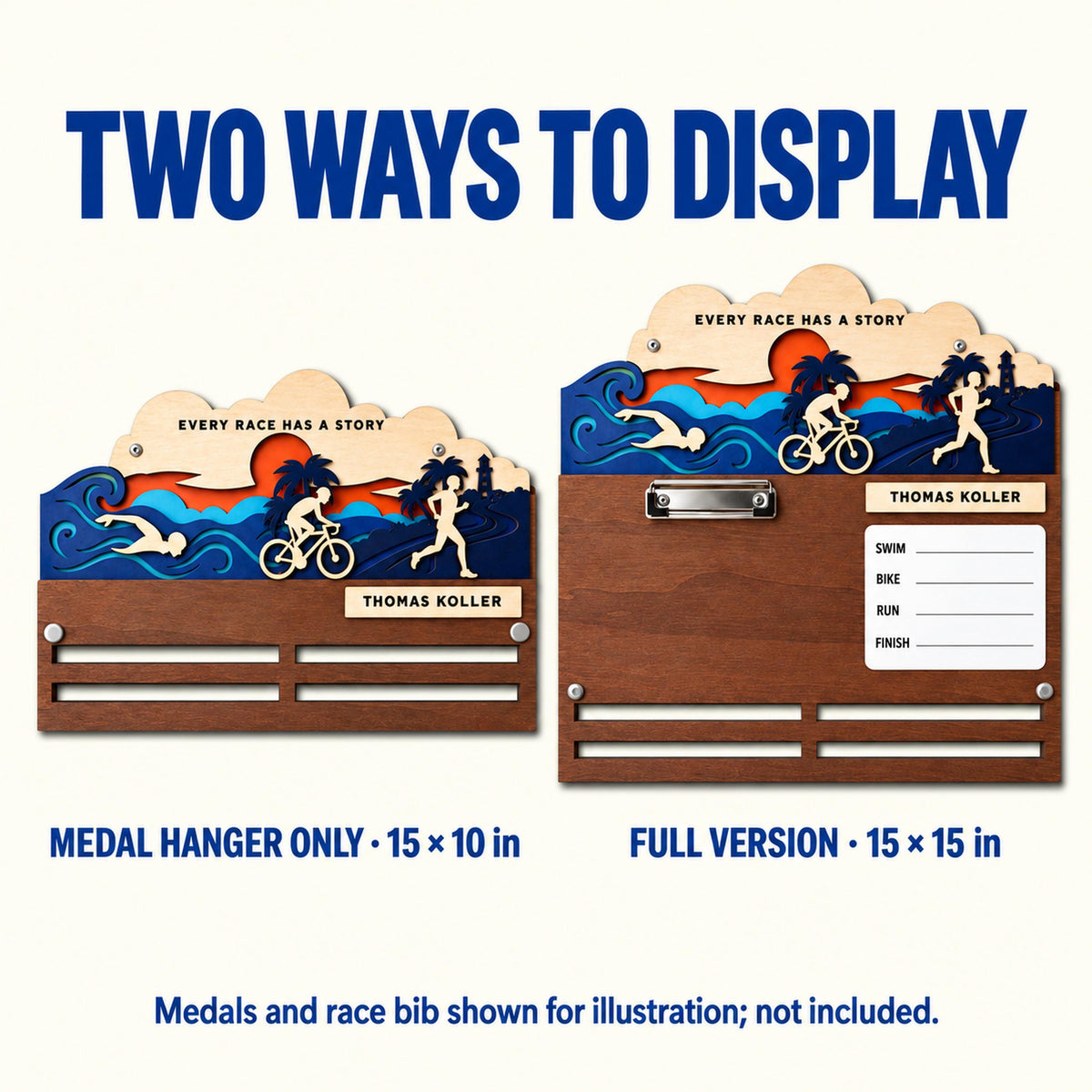 Triathlon medal holder and race bib display – medal only or full version