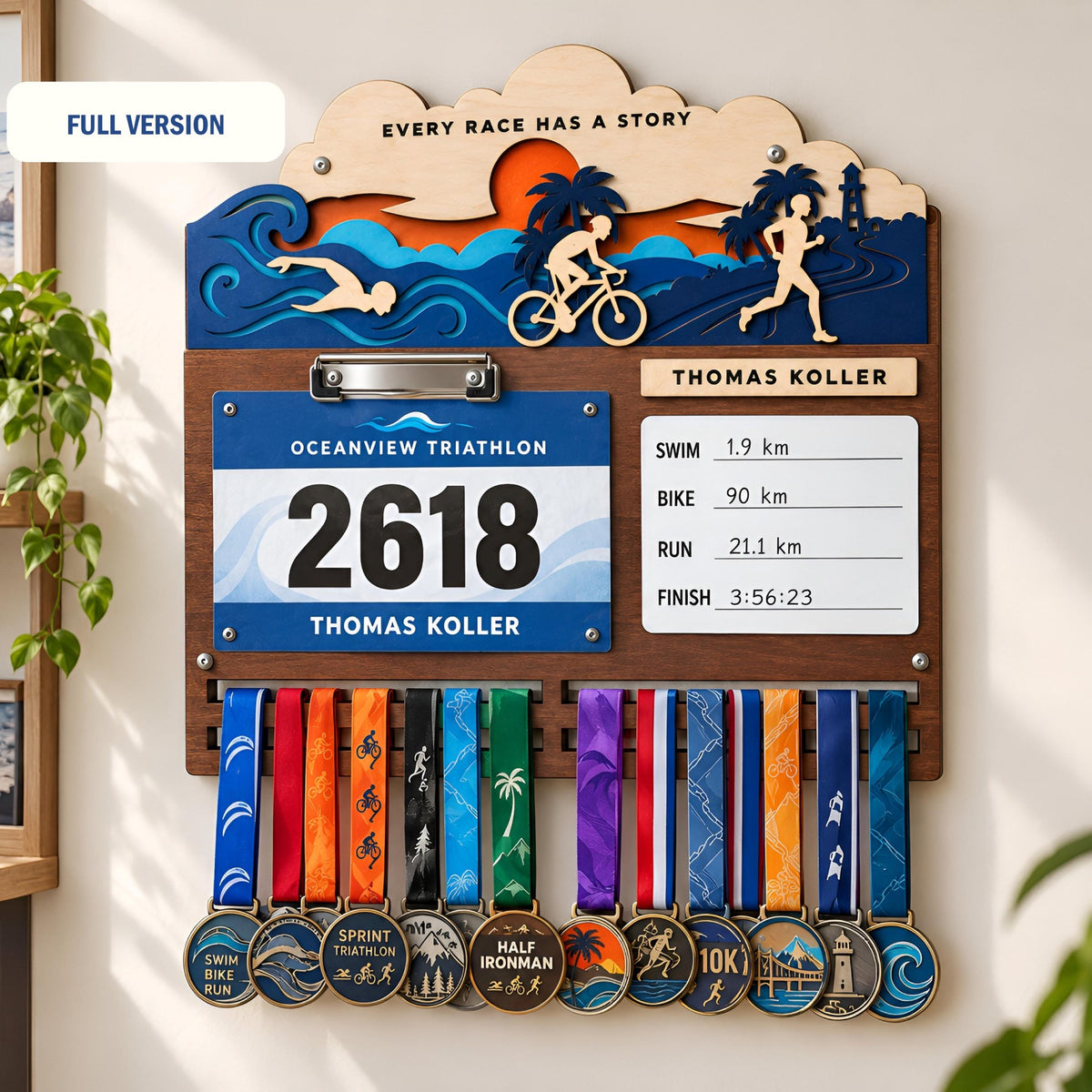Triathlon medal holder and race bib display – full version with bib clip and time board