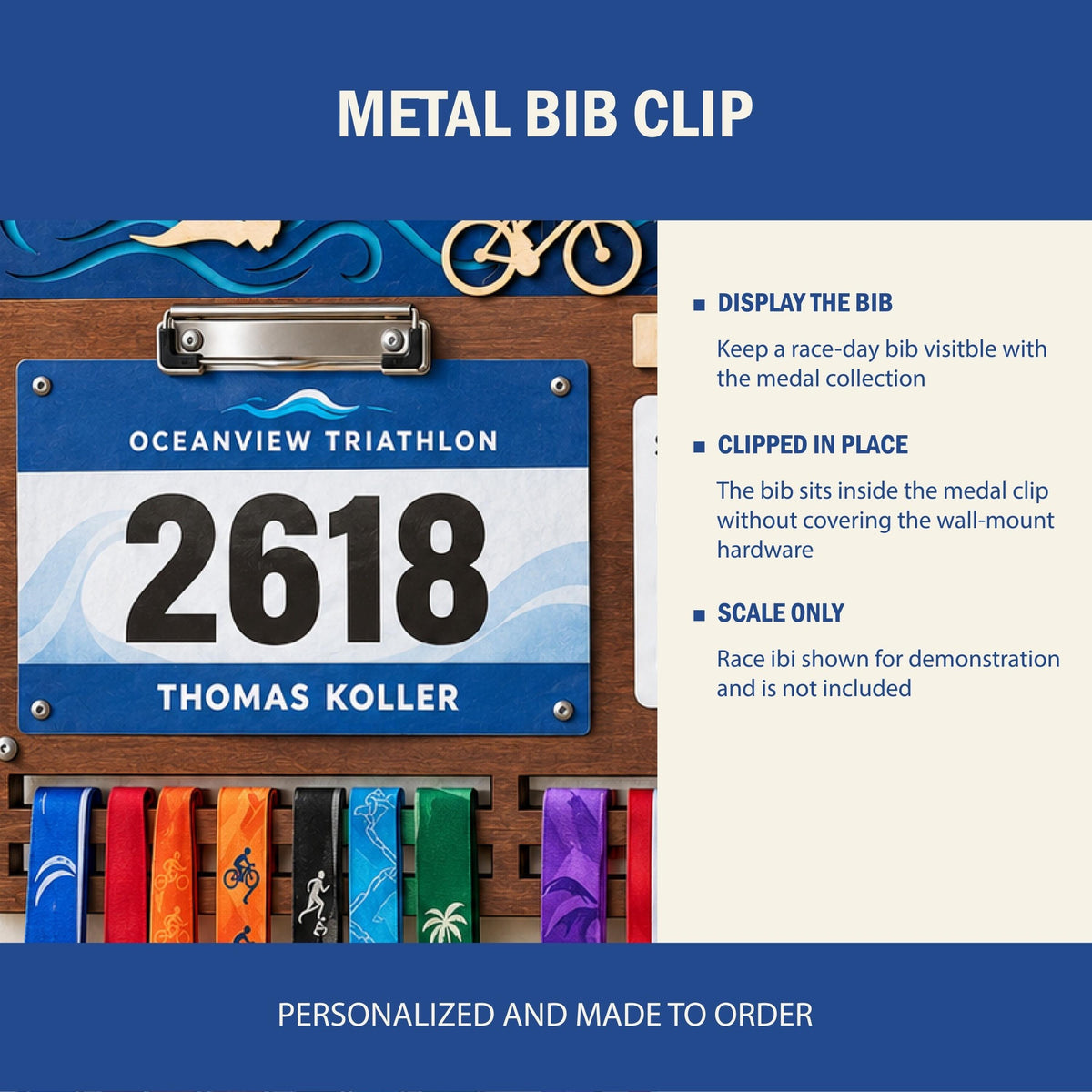 Triathlon medal holder and race bib display – metal bib clip detail