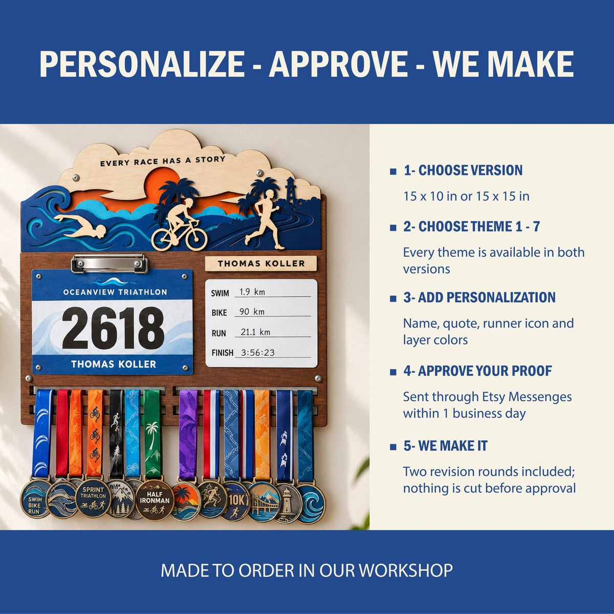 Triathlon medal holder and race bib display – personalize, approve, we make