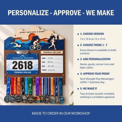 Triathlon medal holder and race bib display – personalize, approve, we make