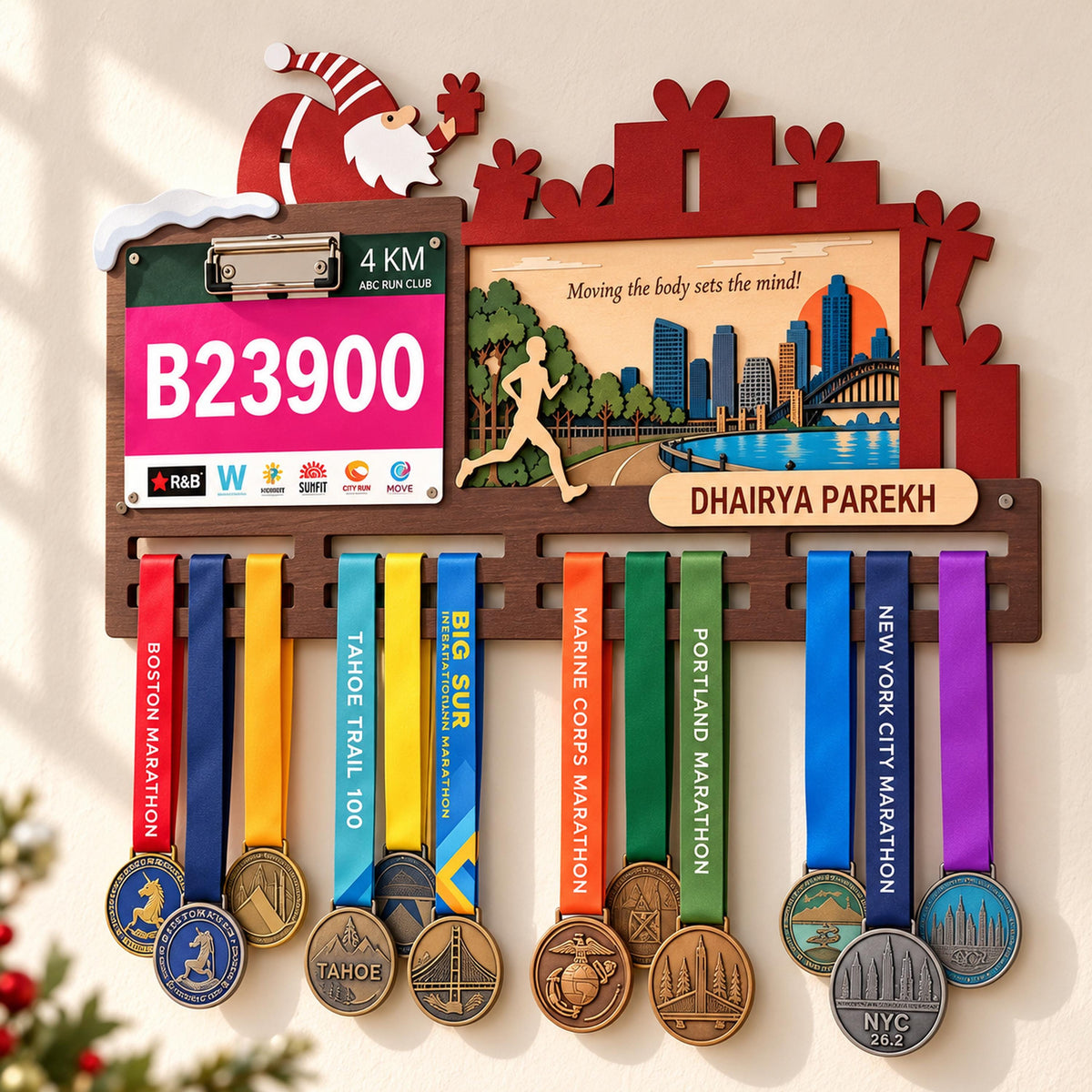 Christmas medal display for runners – Santa and gifts design with bib holder