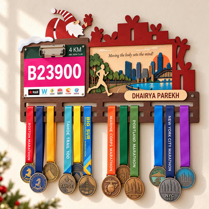 Christmas medal display for runners – Santa and gifts design with bib holder