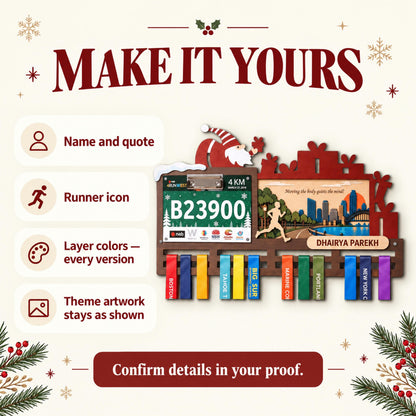 Christmas medal display for runners – make it yours: name, quote and colors