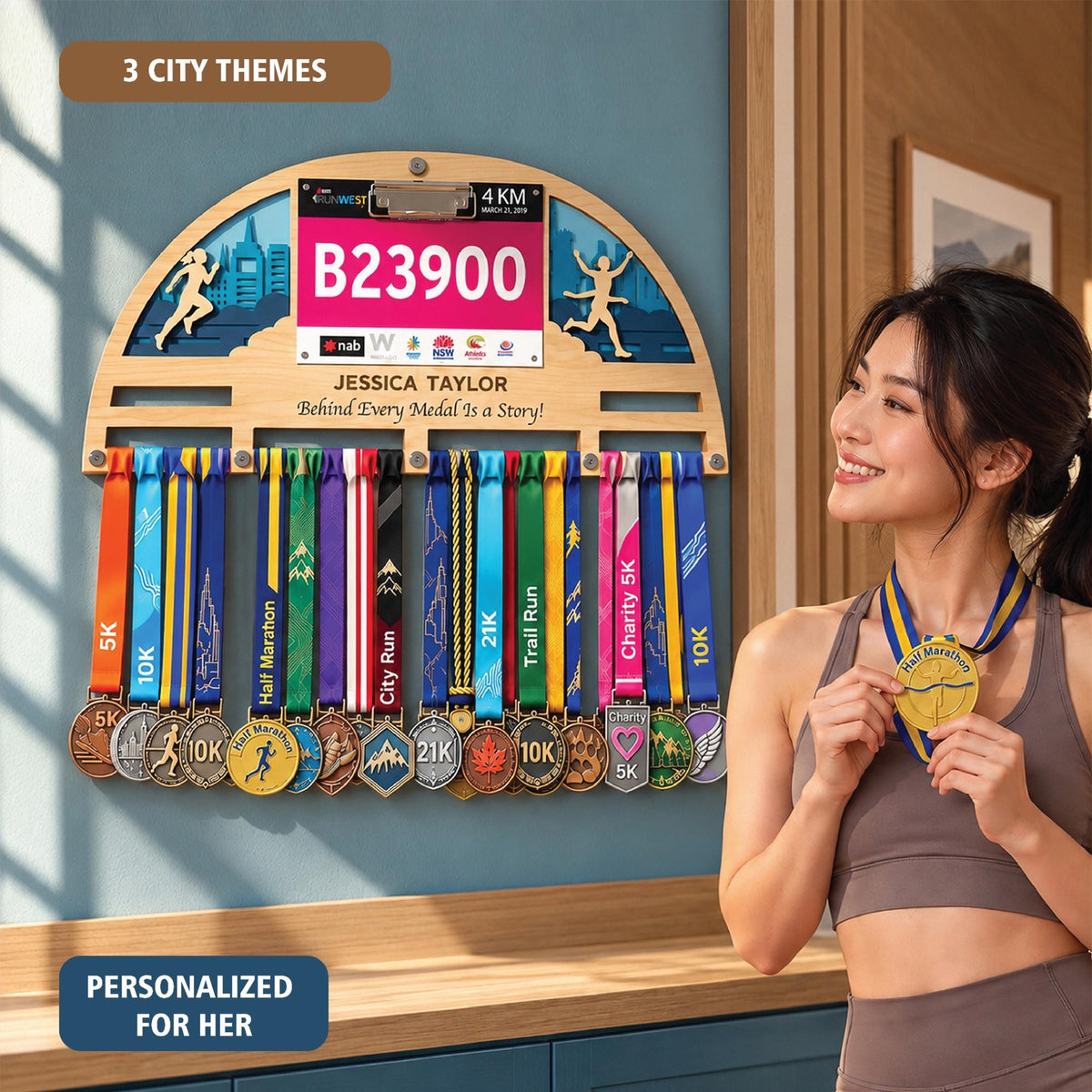 City skyline medal hanger with race bib holder – arch design with bib and medals