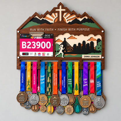 City skyline medal hanger with race bib holder – faith cross design with PR tiles