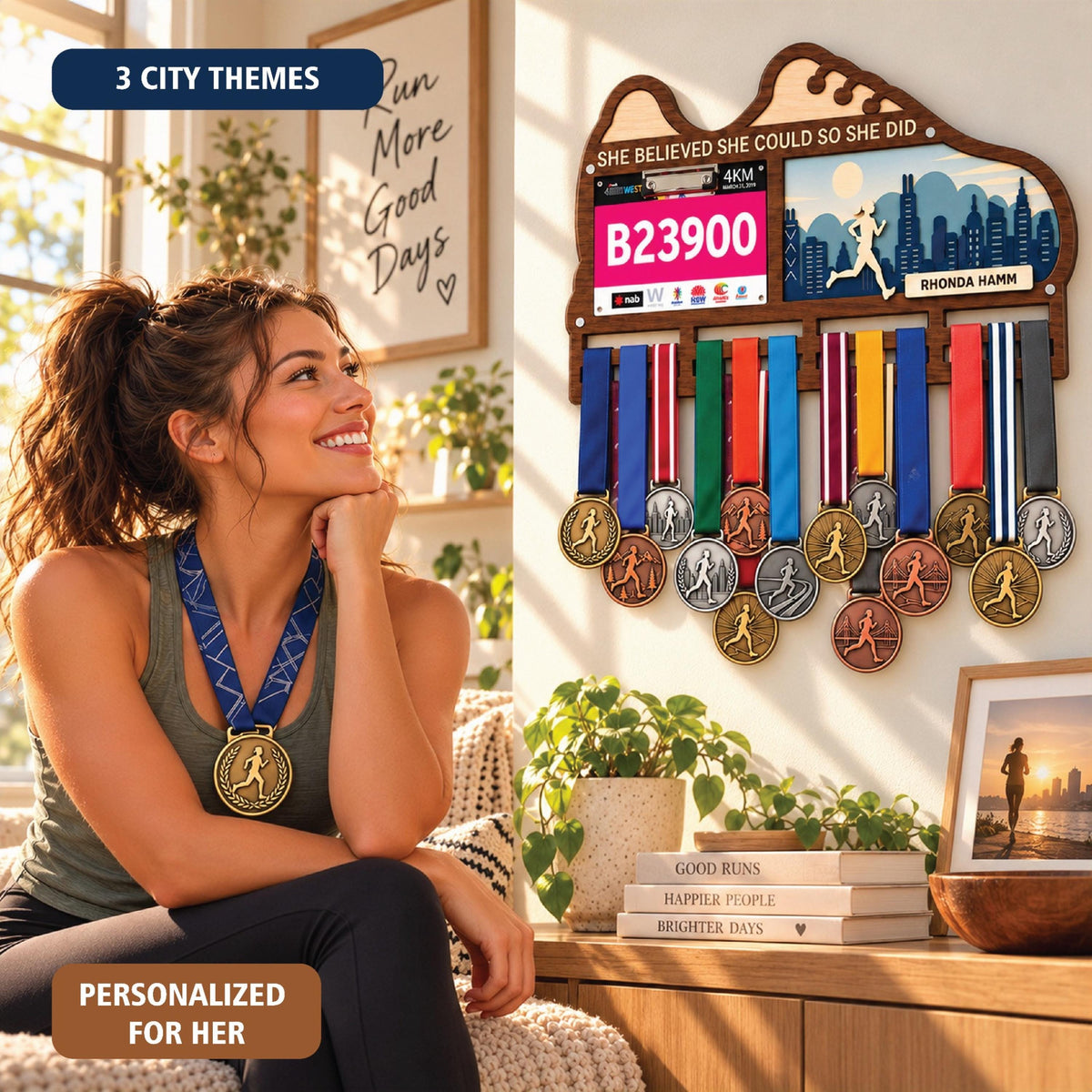 City skyline medal hanger with race bib holder – runner with her medal display