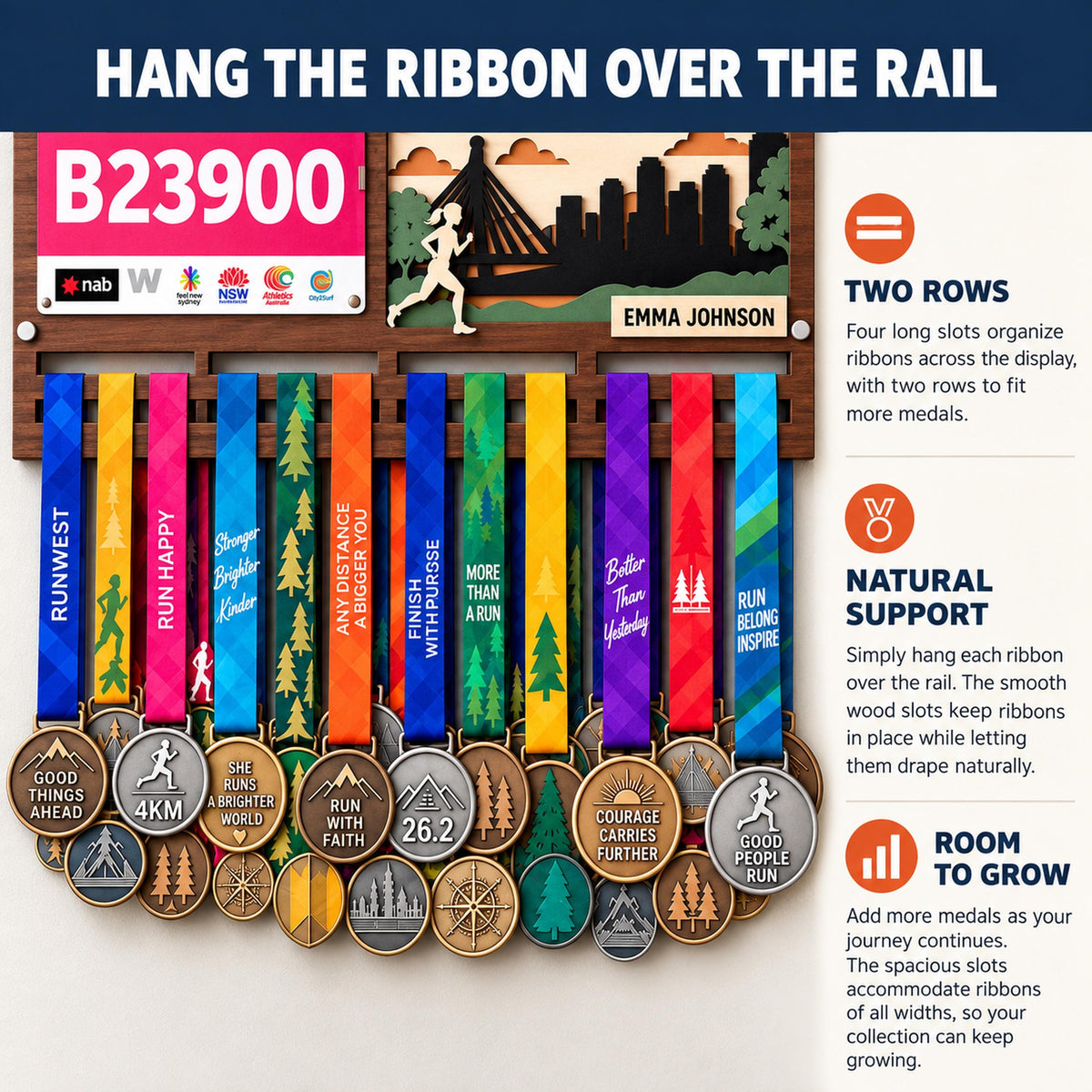 City skyline medal hanger with race bib holder – features and medal capacity