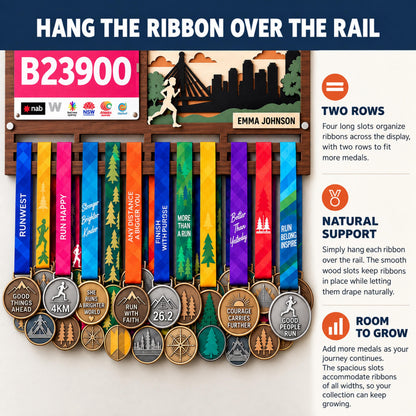 City skyline medal hanger with race bib holder – features and medal capacity