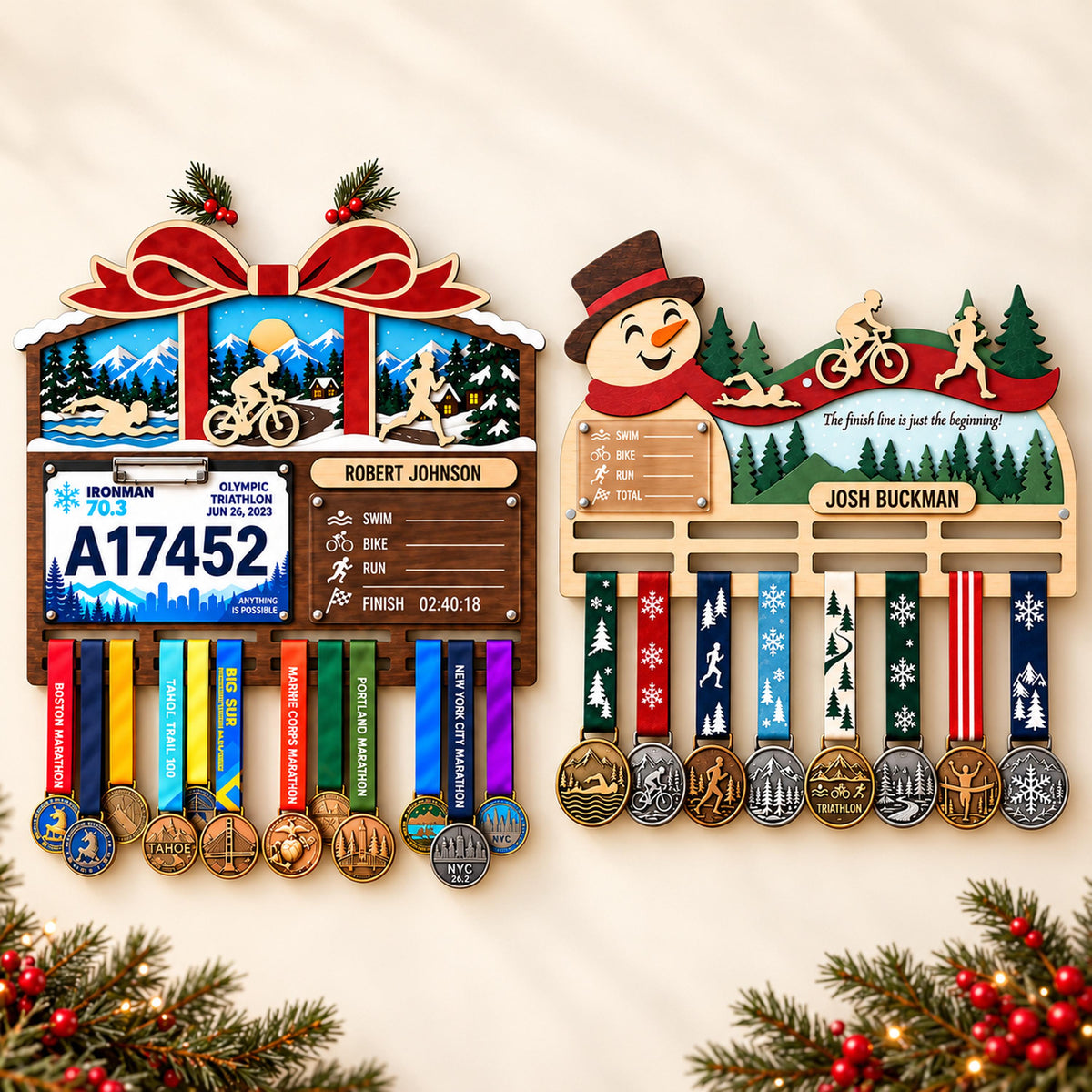Christmas triathlon medal hanger – gift bow and snowman designs side by side