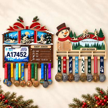 Christmas triathlon medal hanger – gift bow and snowman designs side by side