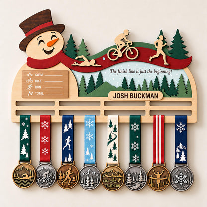 Christmas triathlon medal hanger – snowman design with medal rails