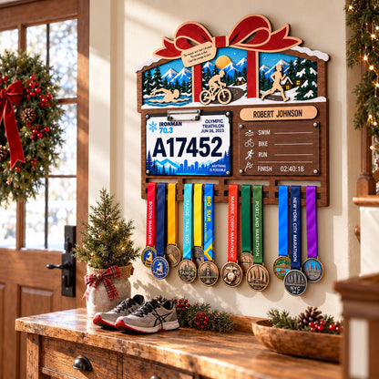 Christmas triathlon medal hanger – gift bow design with race bib