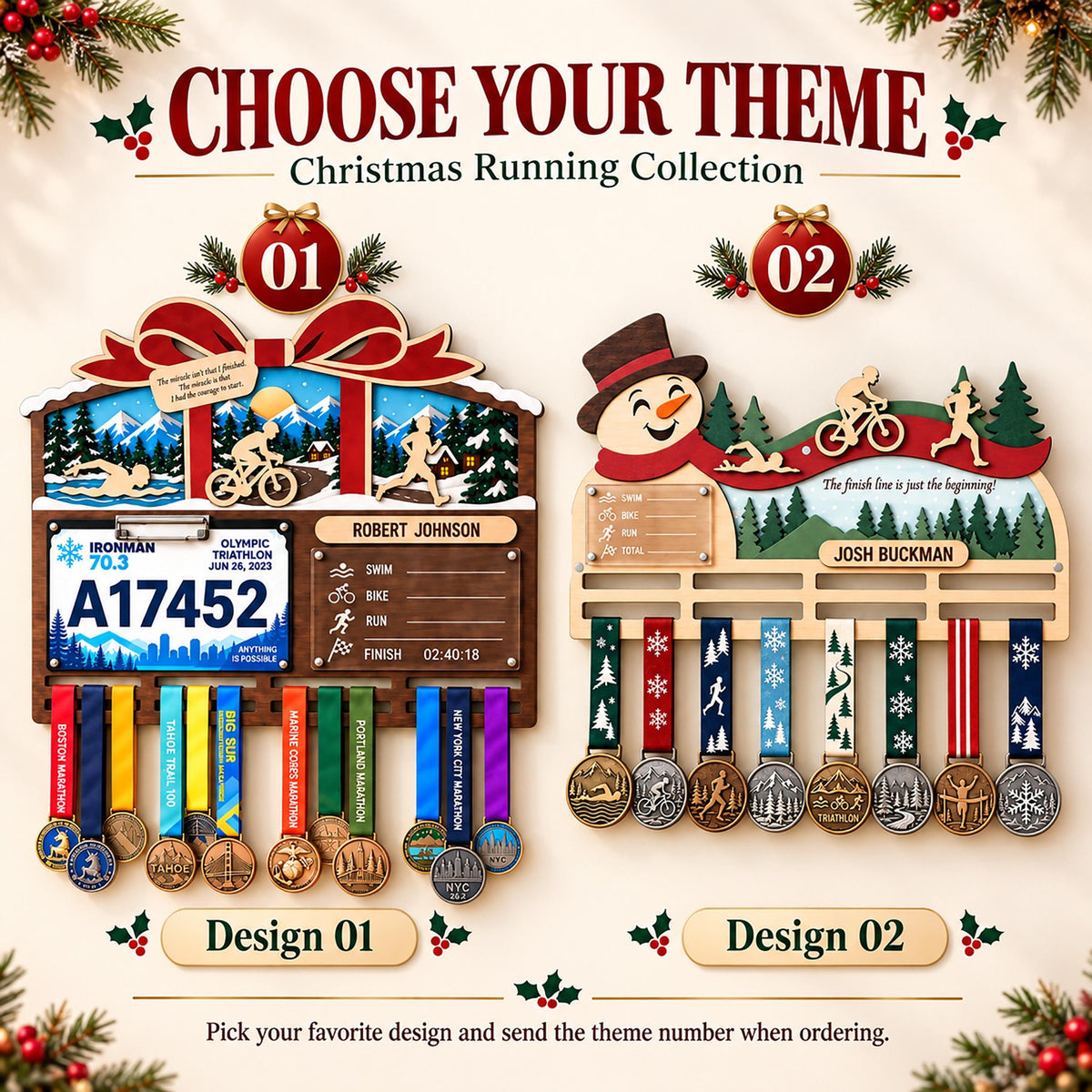 Christmas triathlon medal hanger – choose your theme, design 01 or 02