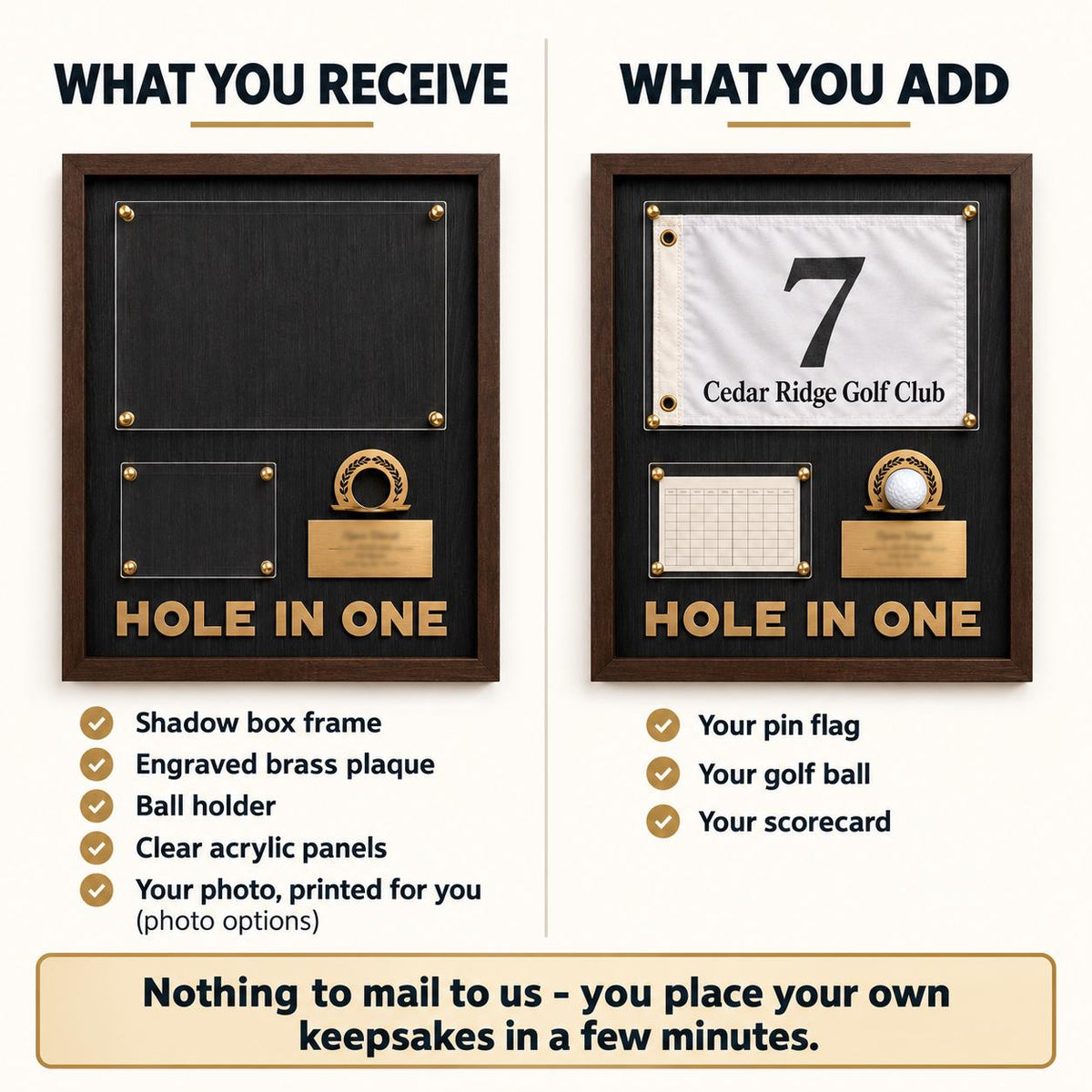 Golf shadow box for a hole in one – what is included and what you add
