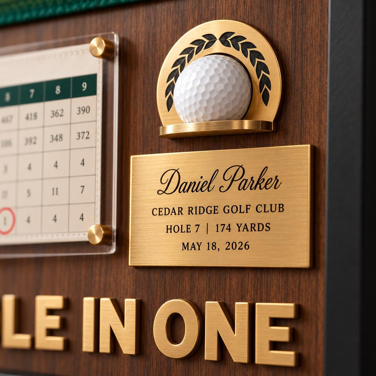 Golf shadow box for a hole in one – engraved brass plaque