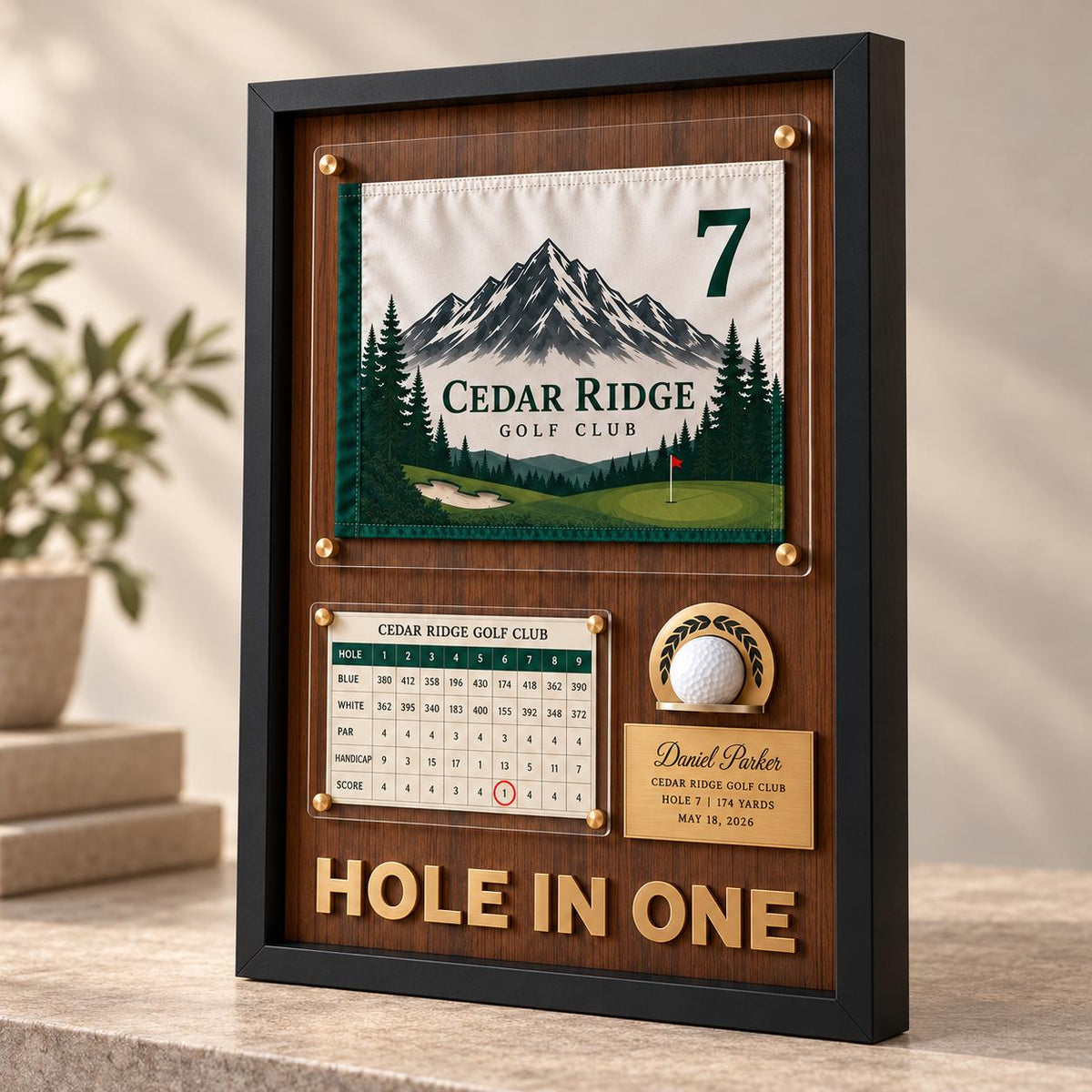 Custom golf trophy for a hole in one – front view with engraved plaque
