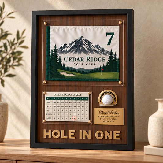 Golf shadow box for a hole in one – vertical frame with pin flag, scorecard and ball