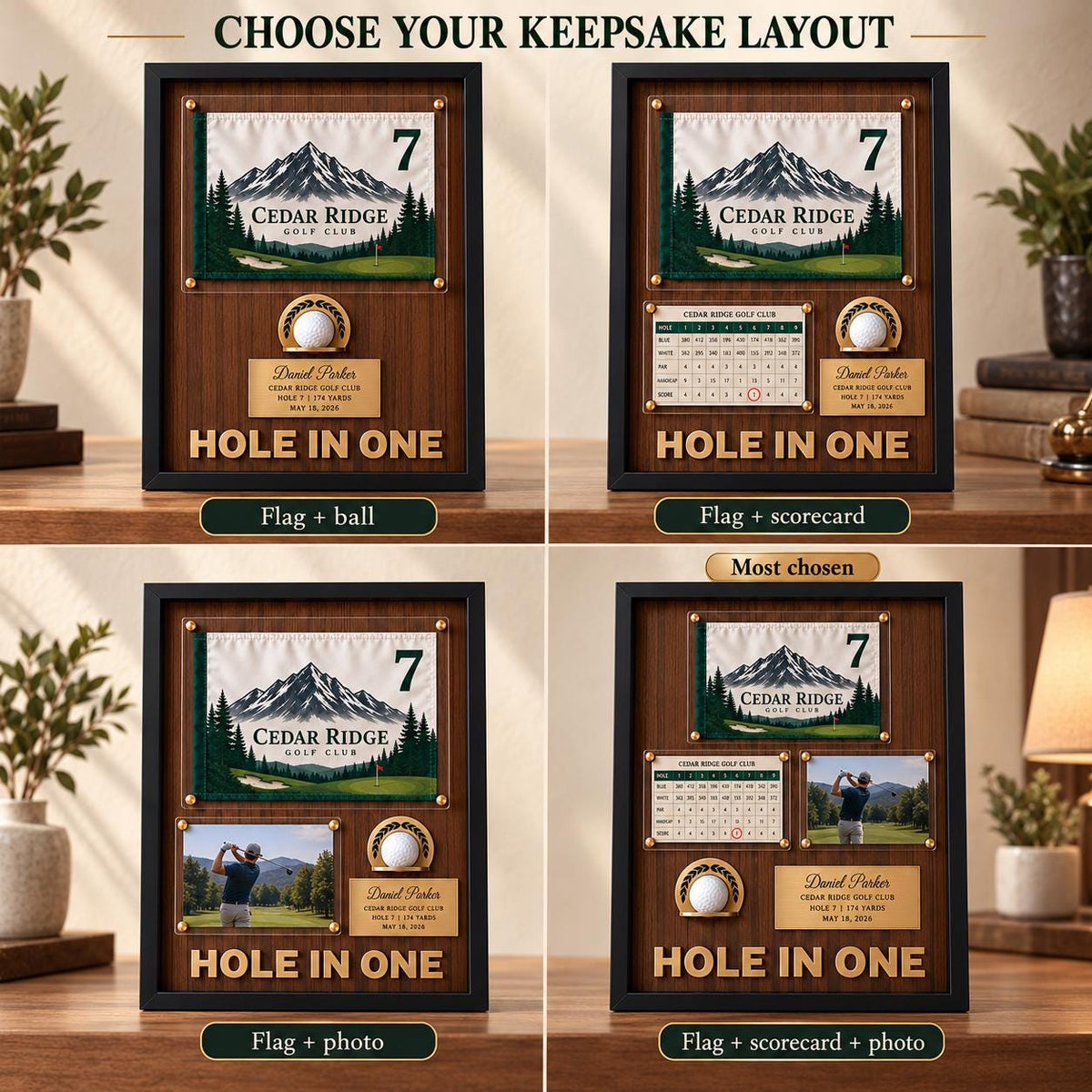 Custom golf trophy for a hole in one – four keepsake layout options