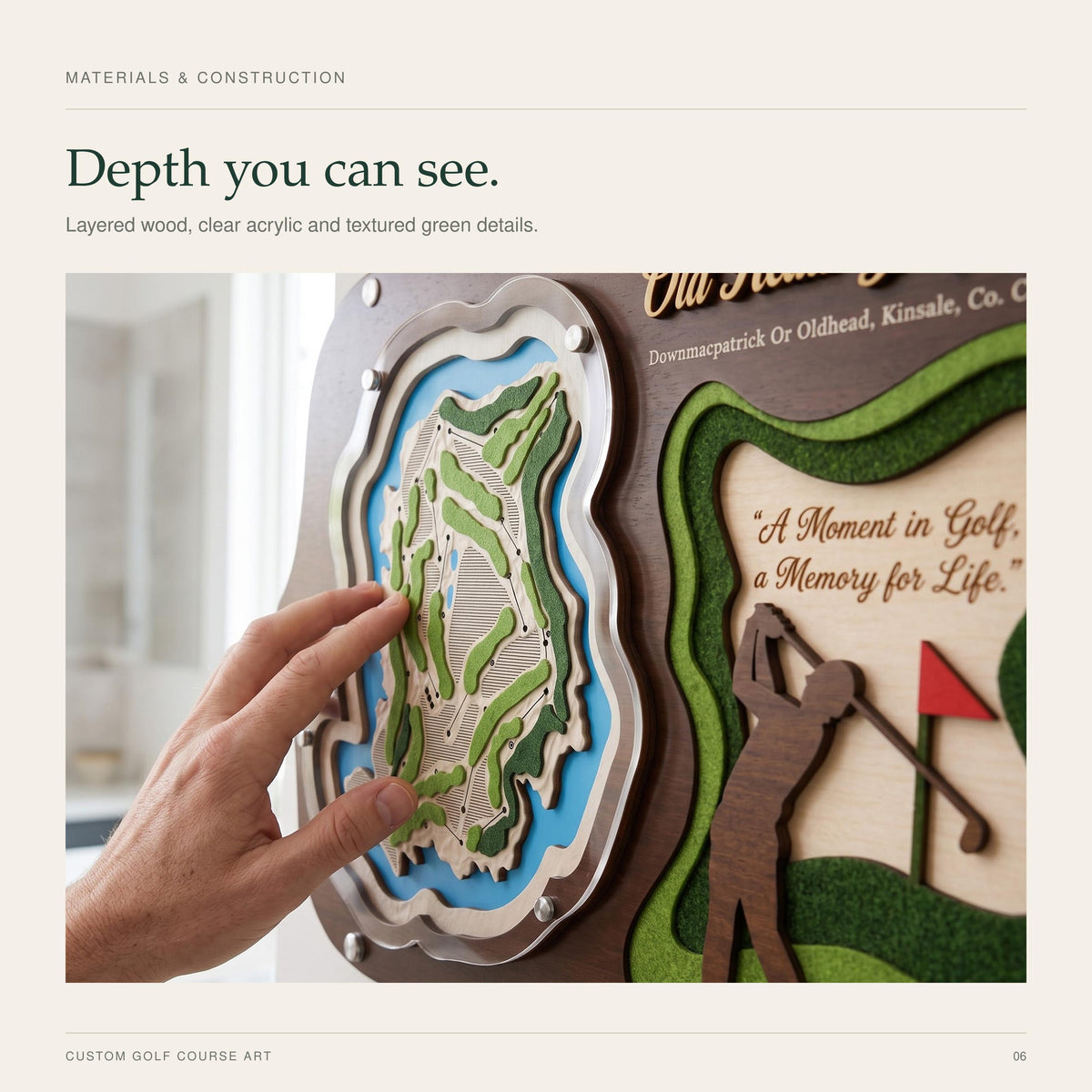 3D golf course map with golfer silhouette – layered depth of fairways and greens