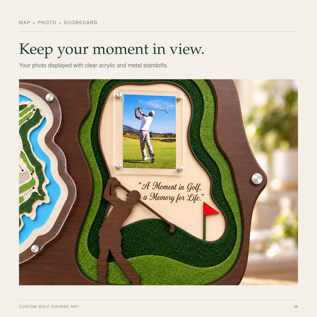 3D golf course map with golfer silhouette – photo printed on clear acrylic