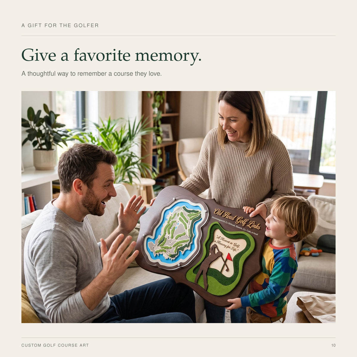 3D golf course map with golfer silhouette – family looking at the gift