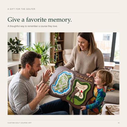 3D golf course map with golfer silhouette – family looking at the gift