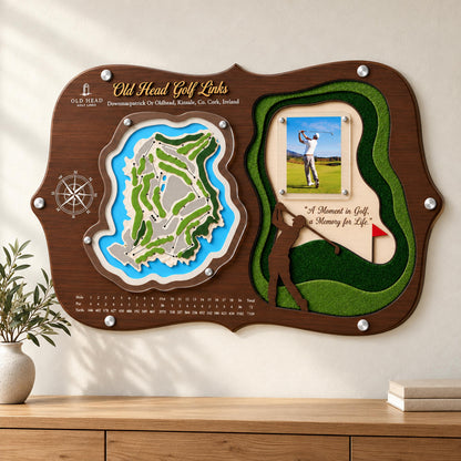 3D golf course map with golfer silhouette – full course in layered wood with photo panel
