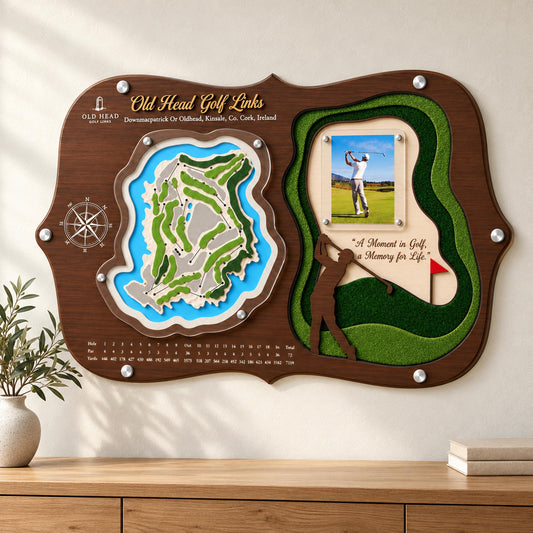 3D golf course map with golfer silhouette – full course in layered wood with photo panel