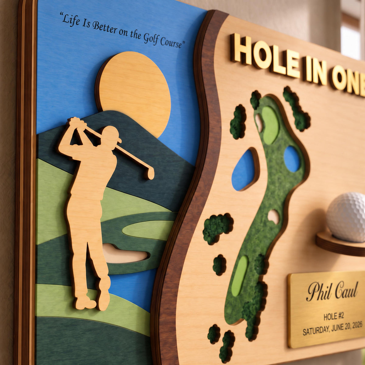 Hole in one award plaque – golfer silhouette and sunset close-up