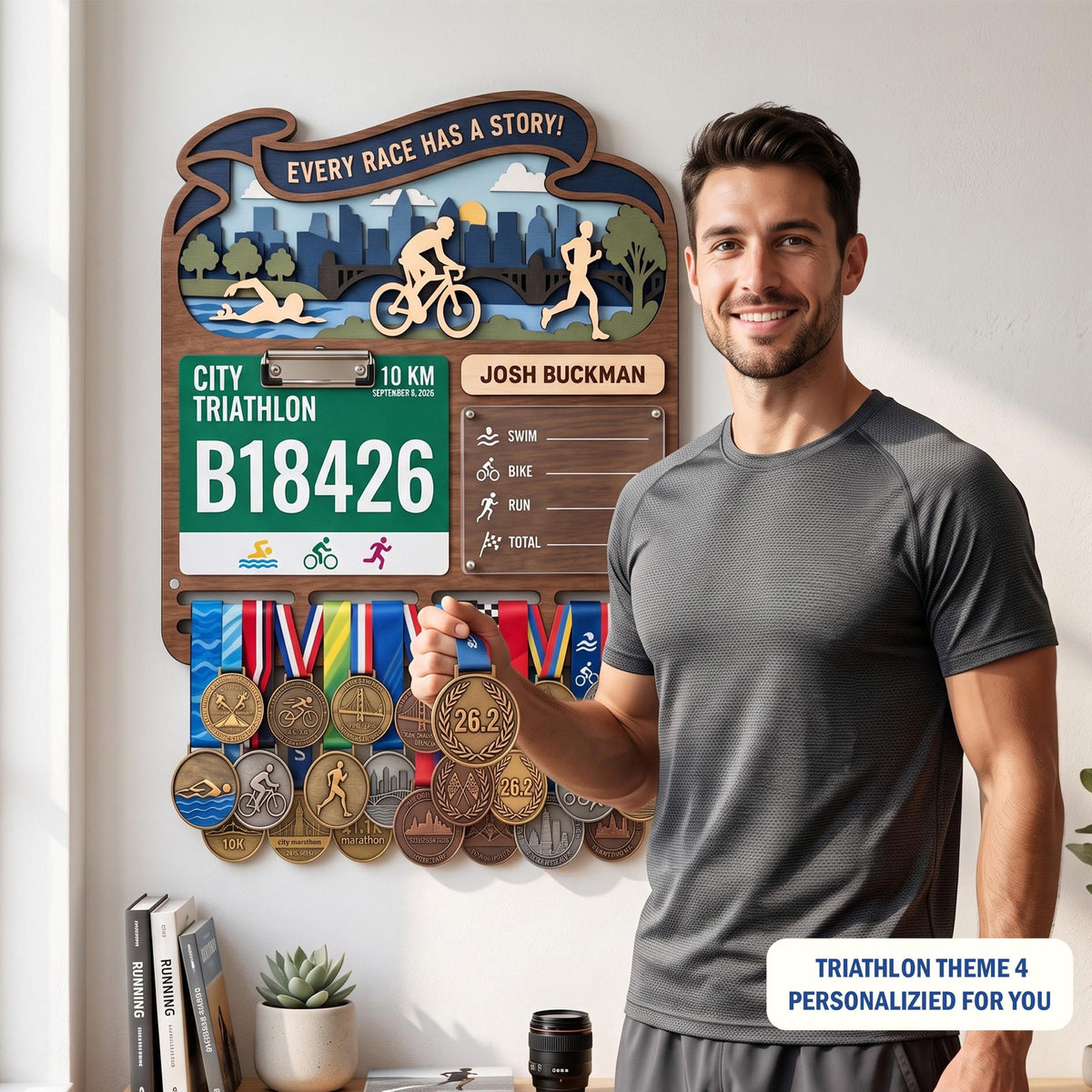 Triathlon medal holder and race bib display – athlete next to his display