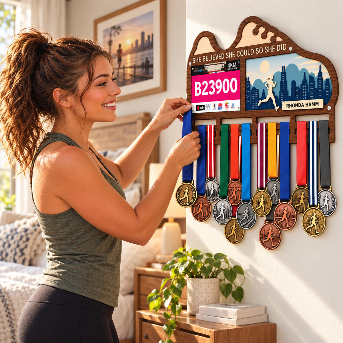 City skyline medal hanger with race bib holder – runner hanging her medals