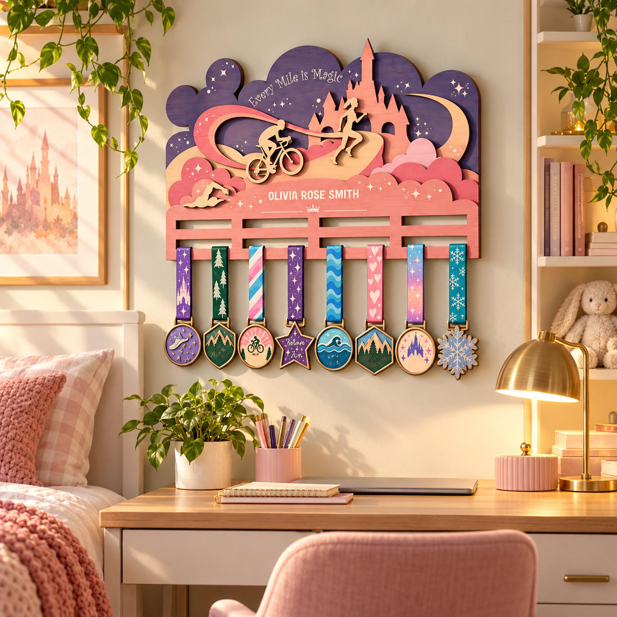 Fairytale castle triathlon medal holder – in a girl's bedroom