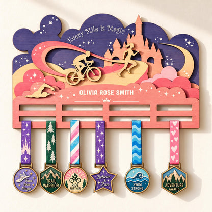 Fairytale castle triathlon medal holder – front view with engraved name
