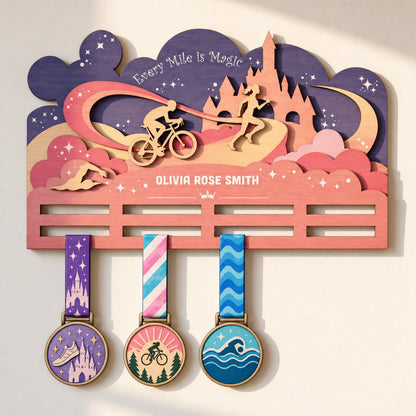 Fairytale castle triathlon medal holder – starry night sky and castle detail