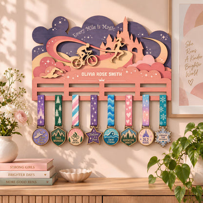 Fairytale castle triathlon medal holder – pink castle scene with swim, bike and run figures