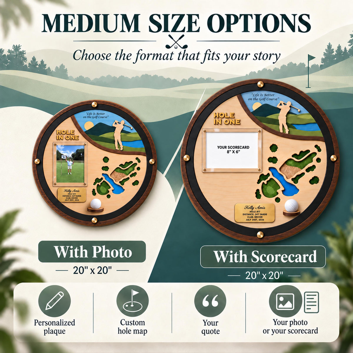 Round hole in one wall display – format options with photo or scorecard